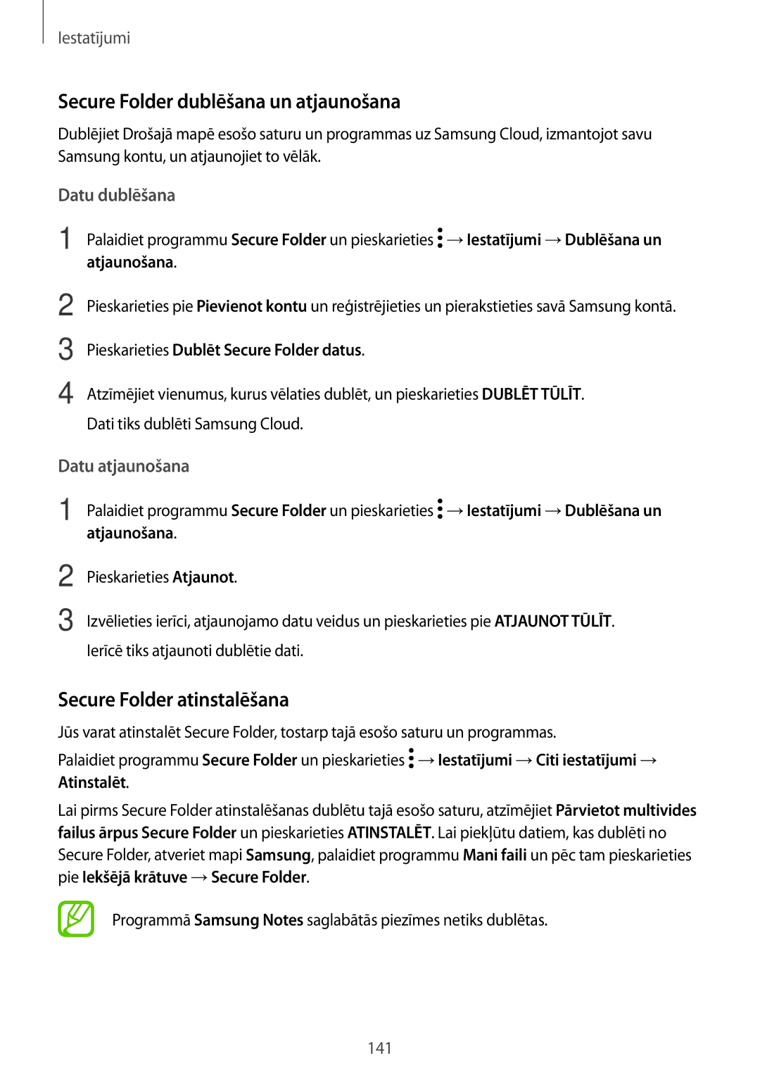 Samsung SM-T395NZKASEB manual Secure Folder dublēšana un atjaunošana, Secure Folder atinstalēšana, Datu dublēšana 