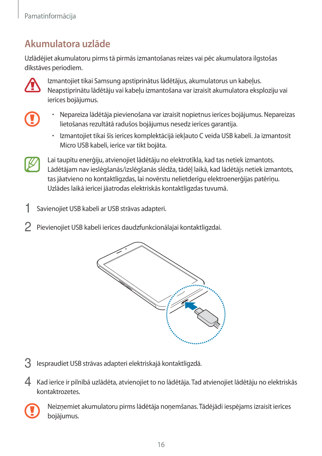 Samsung SM-T395NZKASEB manual Akumulatora uzlāde 