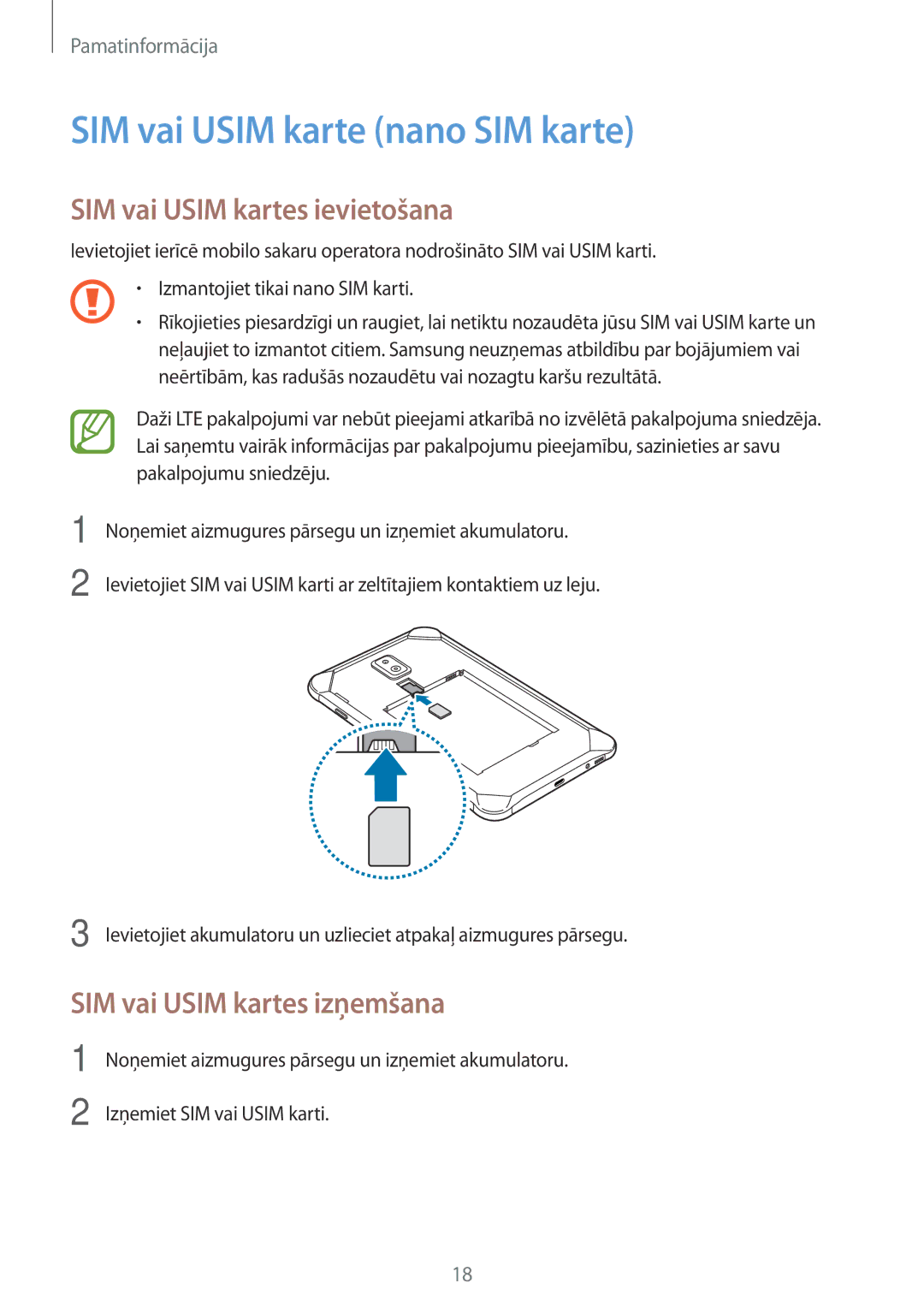 Samsung SM-T395NZKASEB SIM vai Usim karte nano SIM karte, SIM vai Usim kartes ievietošana, SIM vai Usim kartes izņemšana 