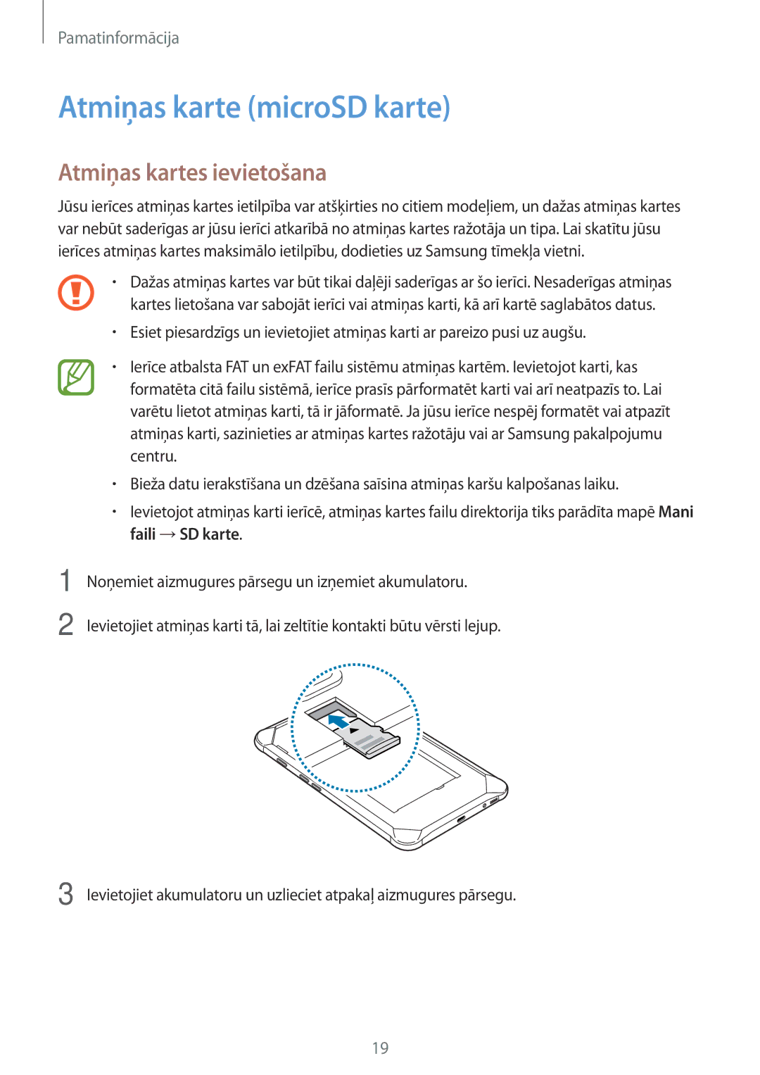 Samsung SM-T395NZKASEB manual Atmiņas karte microSD karte, Atmiņas kartes ievietošana 