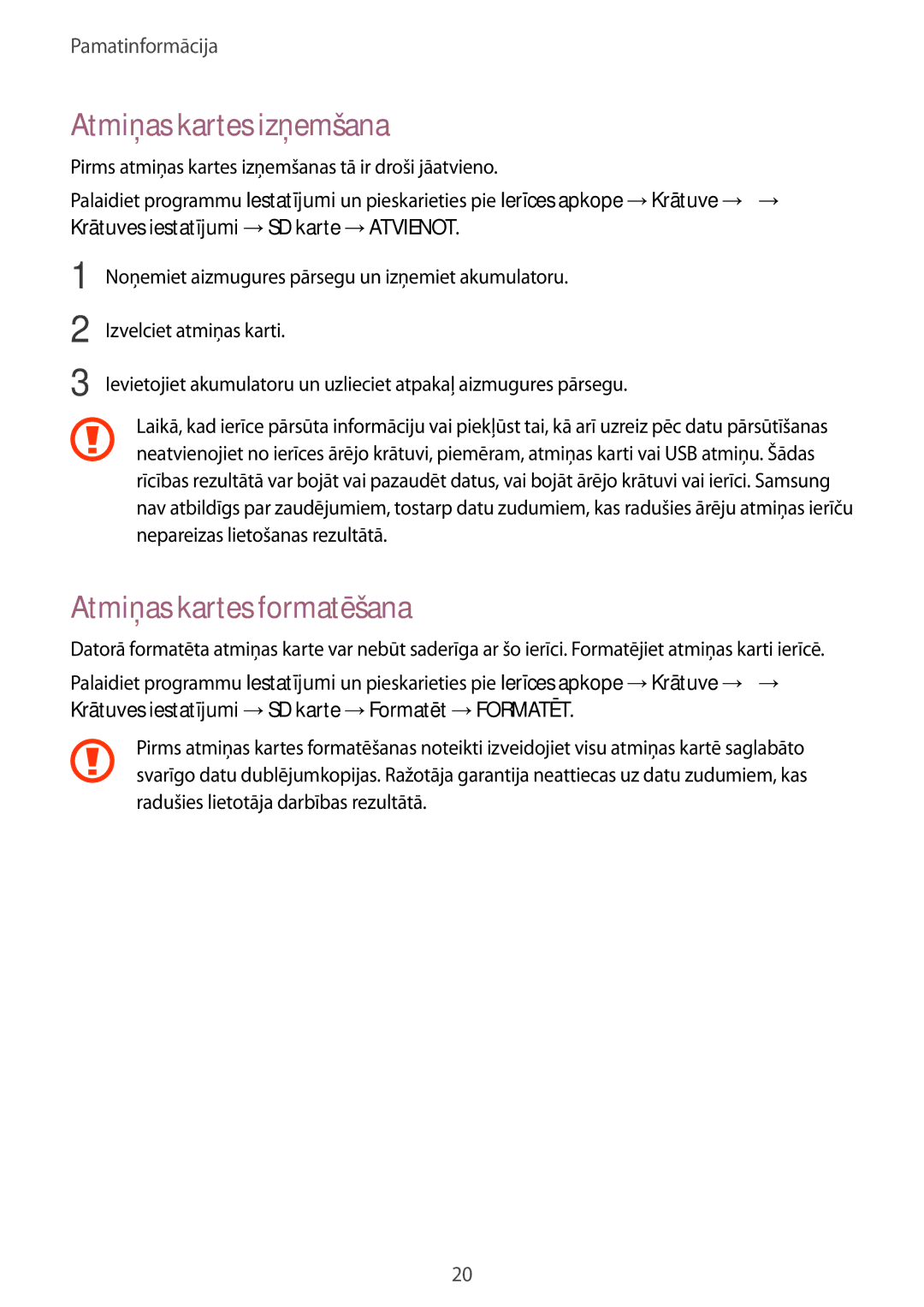 Samsung SM-T395NZKASEB manual Atmiņas kartes izņemšana, Atmiņas kartes formatēšana 