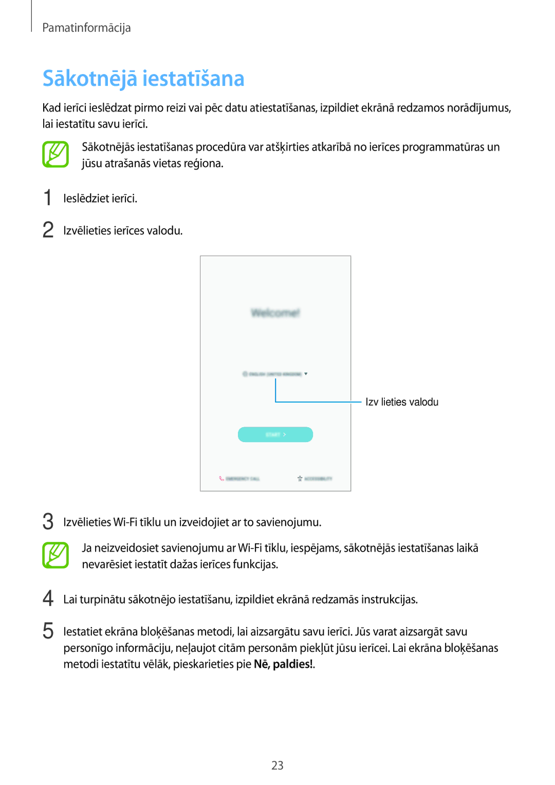 Samsung SM-T395NZKASEB manual Sākotnējā iestatīšana 