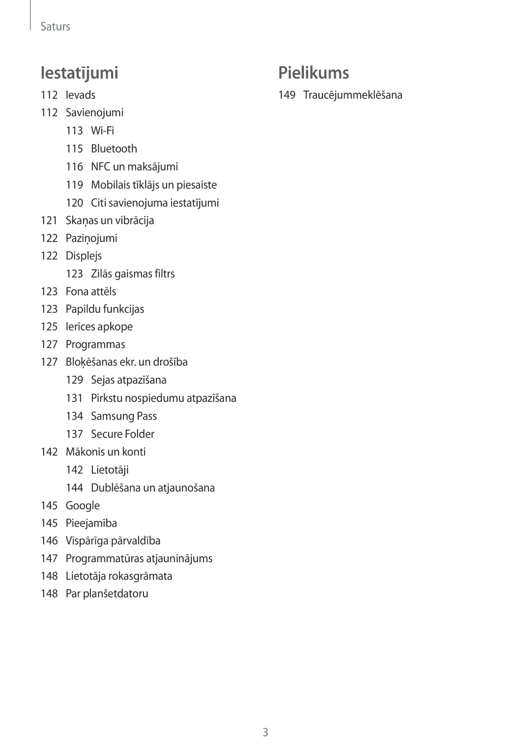 Samsung SM-T395NZKASEB manual Iestatījumi Pielikums, Bluetooth NFC un maksājumi Mobilais tīklājs un piesaiste 