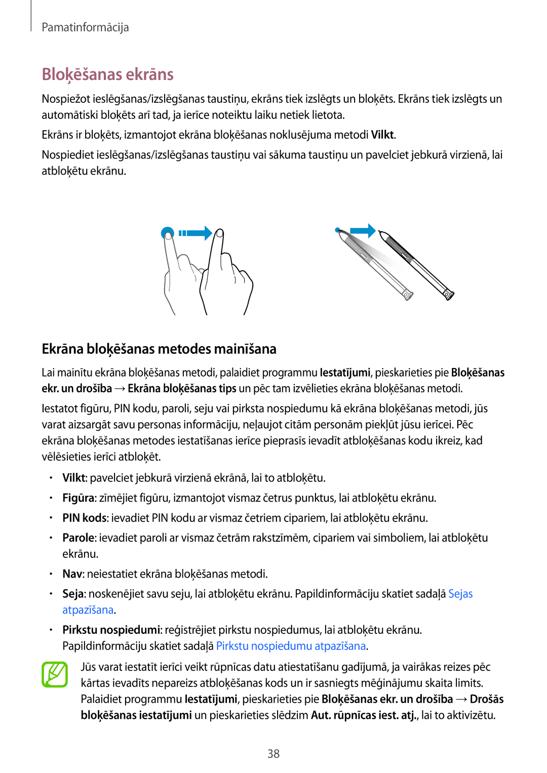 Samsung SM-T395NZKASEB manual Bloķēšanas ekrāns, Ekrāna bloķēšanas metodes mainīšana 