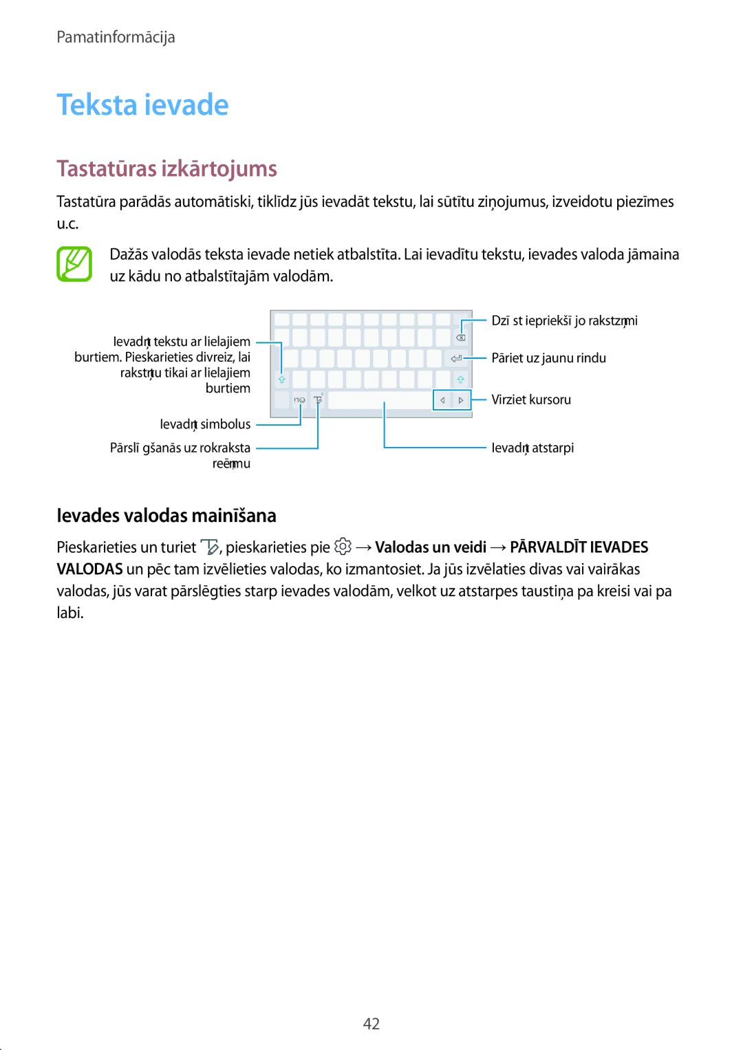 Samsung SM-T395NZKASEB manual Teksta ievade, Tastatūras izkārtojums, Ievades valodas mainīšana 