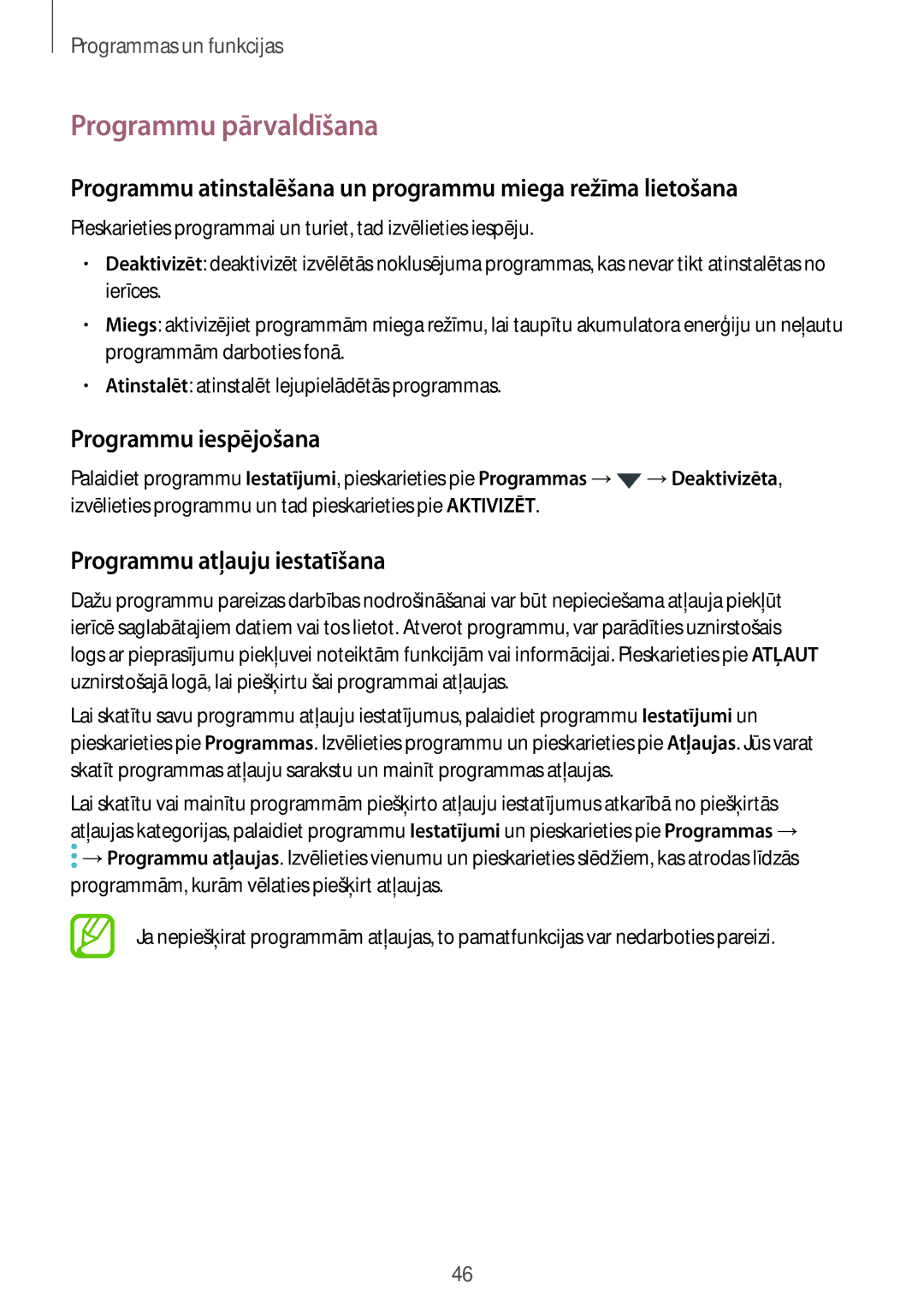 Samsung SM-T395NZKASEB manual Programmu pārvaldīšana, Programmu atinstalēšana un programmu miega režīma lietošana 