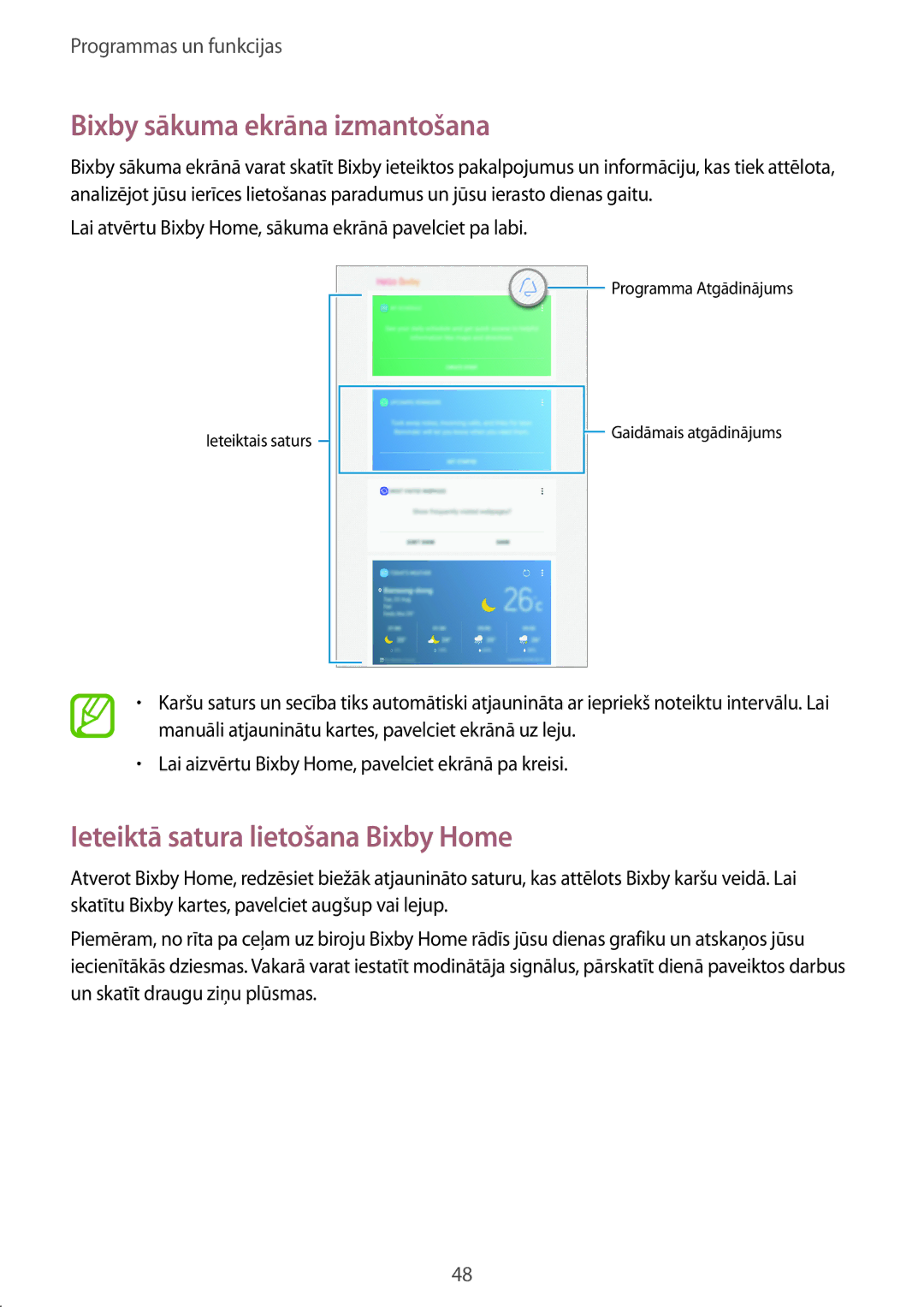 Samsung SM-T395NZKASEB manual Bixby sākuma ekrāna izmantošana, Ieteiktā satura lietošana Bixby Home 