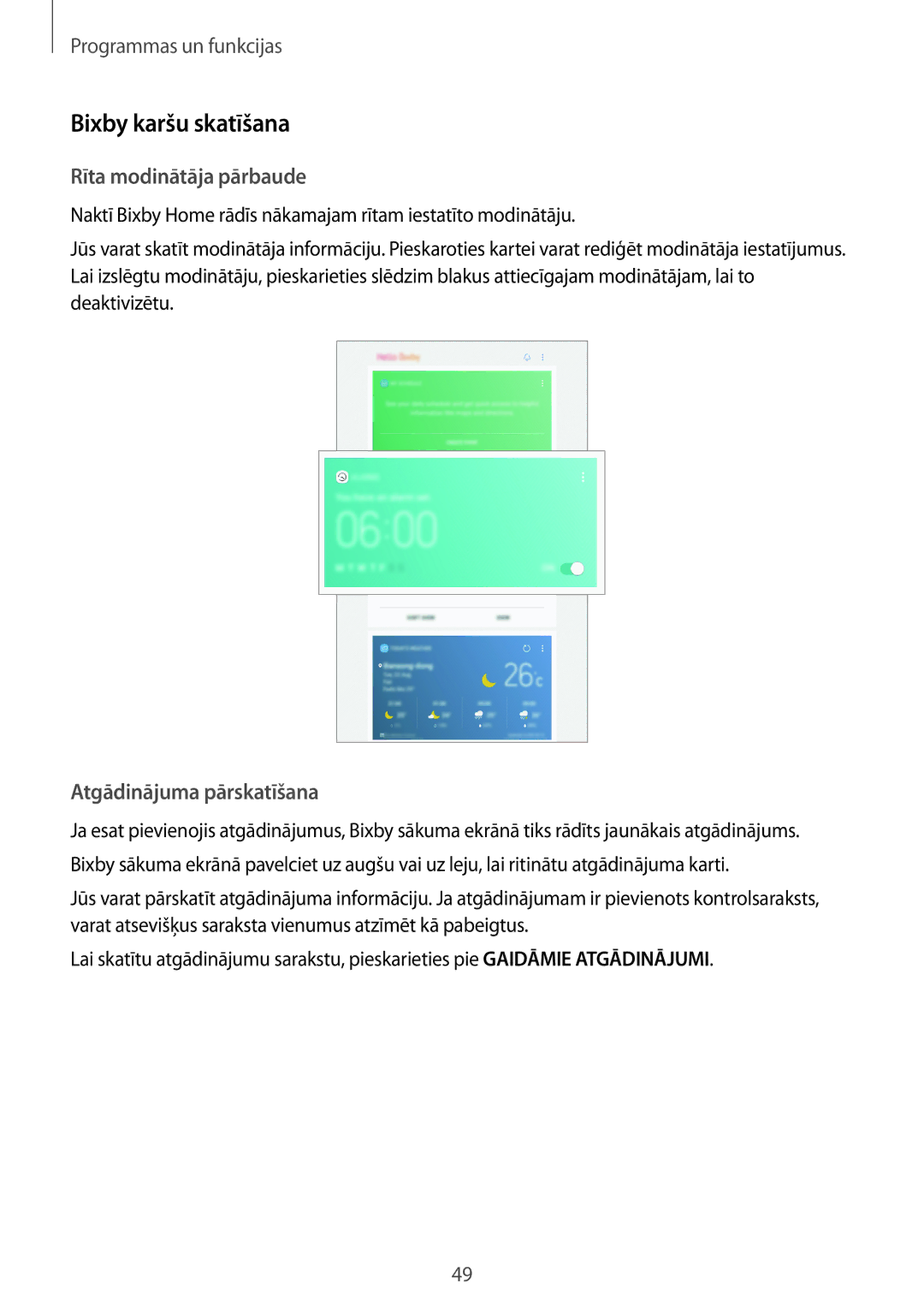 Samsung SM-T395NZKASEB manual Bixby karšu skatīšana, Rīta modinātāja pārbaude, Atgādinājuma pārskatīšana 