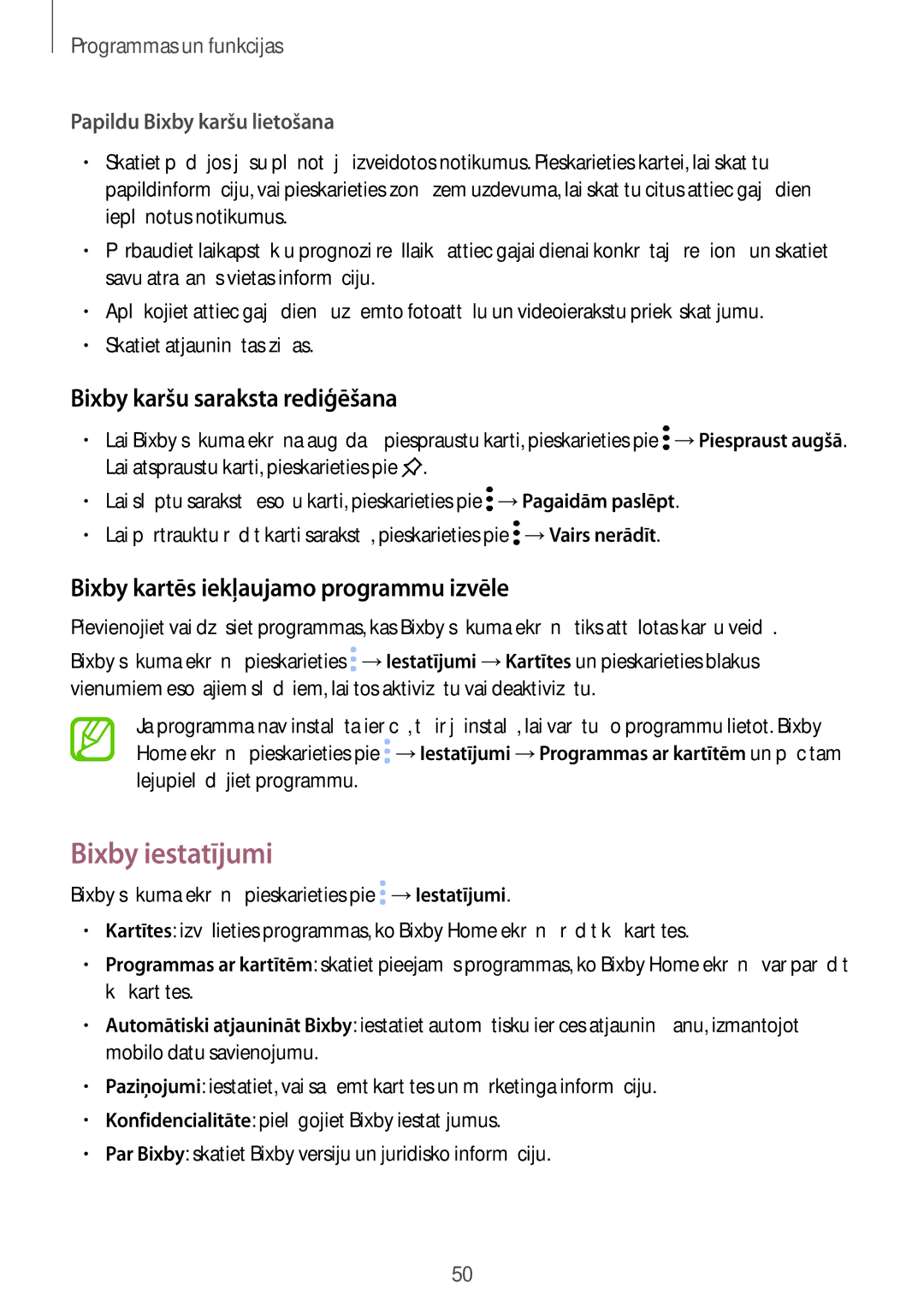 Samsung SM-T395NZKASEB manual Bixby iestatījumi, Bixby karšu saraksta rediģēšana, Bixby kartēs iekļaujamo programmu izvēle 