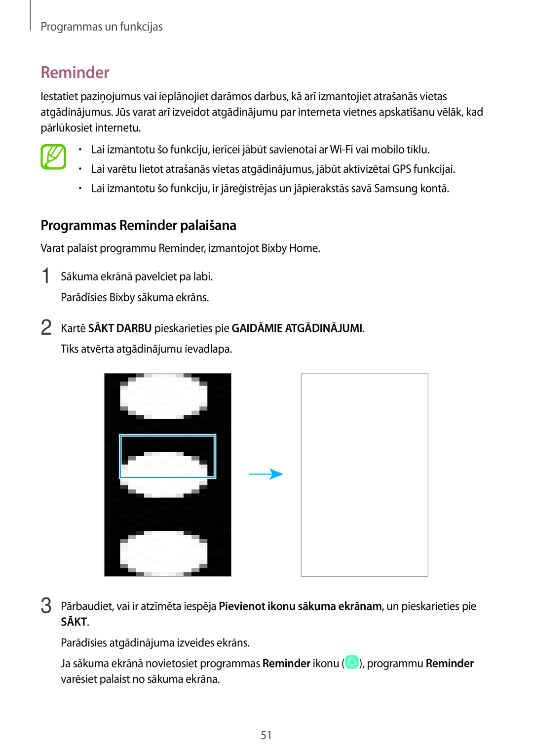 Samsung SM-T395NZKASEB manual Programmas Reminder palaišana, Kartē Sākt Darbu pieskarieties pie Gaidāmie Atgādinājumi 