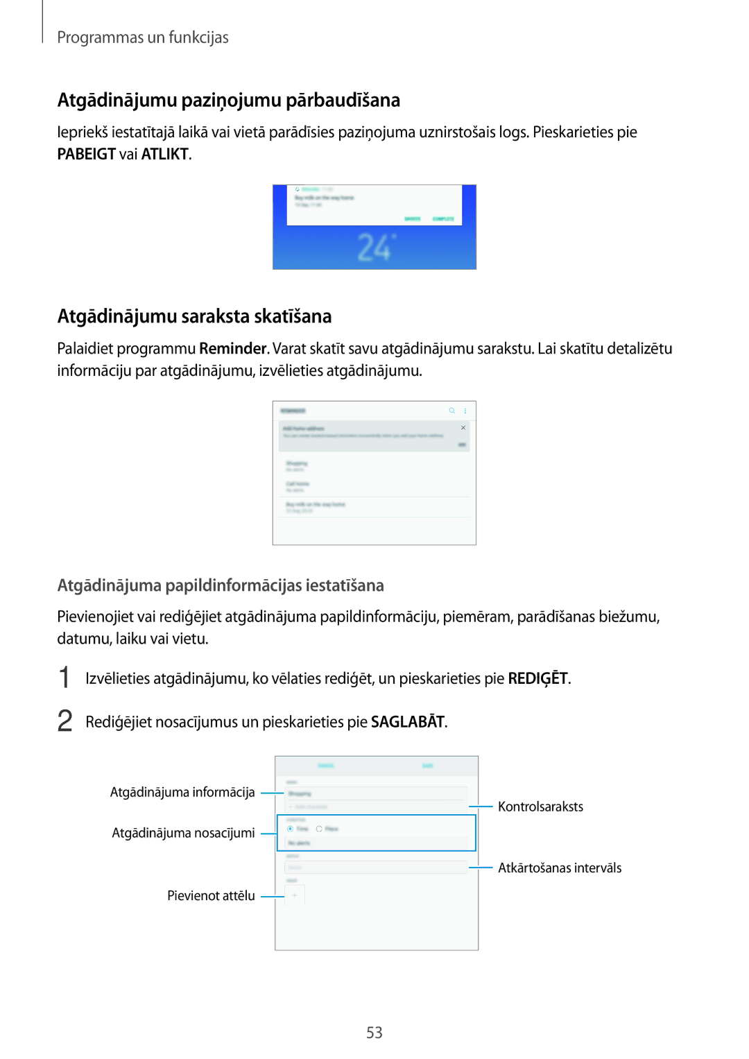 Samsung SM-T395NZKASEB manual Atgādinājumu paziņojumu pārbaudīšana, Atgādinājumu saraksta skatīšana 