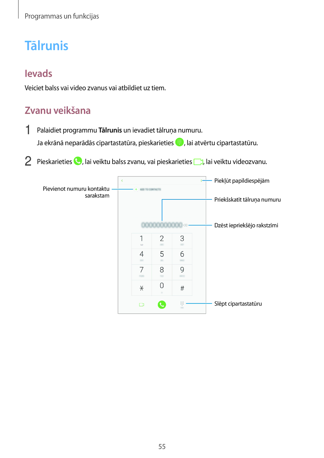Samsung SM-T395NZKASEB manual Tālrunis, Zvanu veikšana, Veiciet balss vai video zvanus vai atbildiet uz tiem 