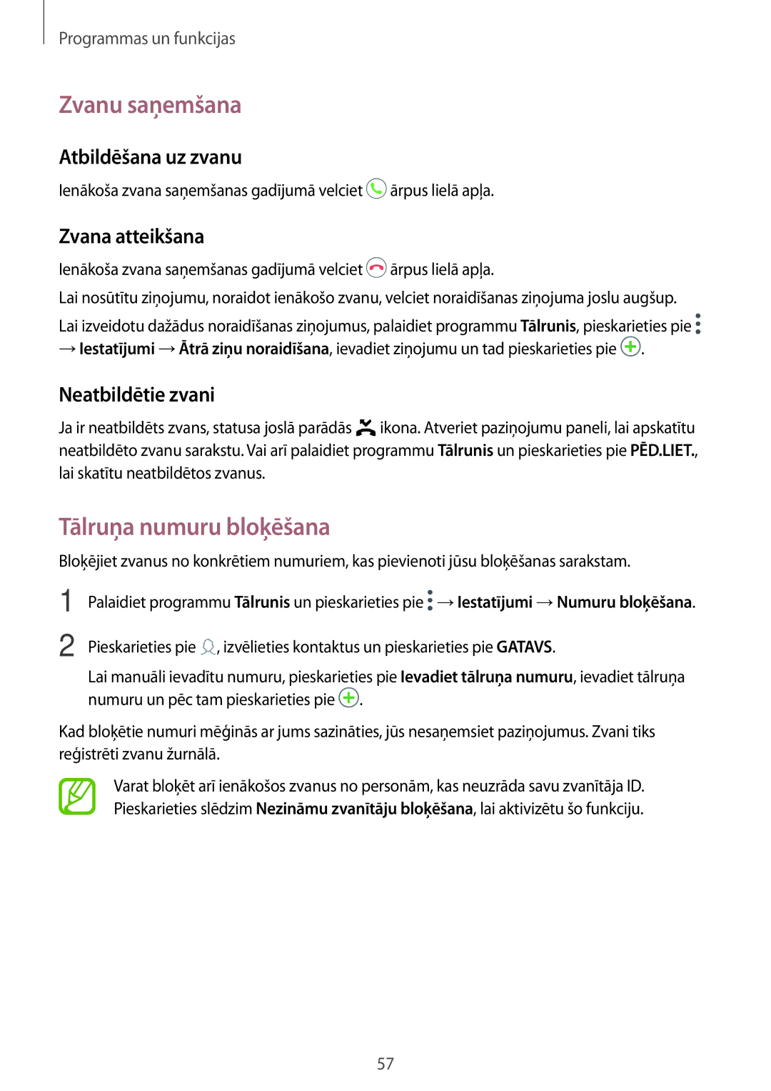 Samsung SM-T395NZKASEB manual Zvanu saņemšana, Tālruņa numuru bloķēšana, Atbildēšana uz zvanu, Zvana atteikšana 
