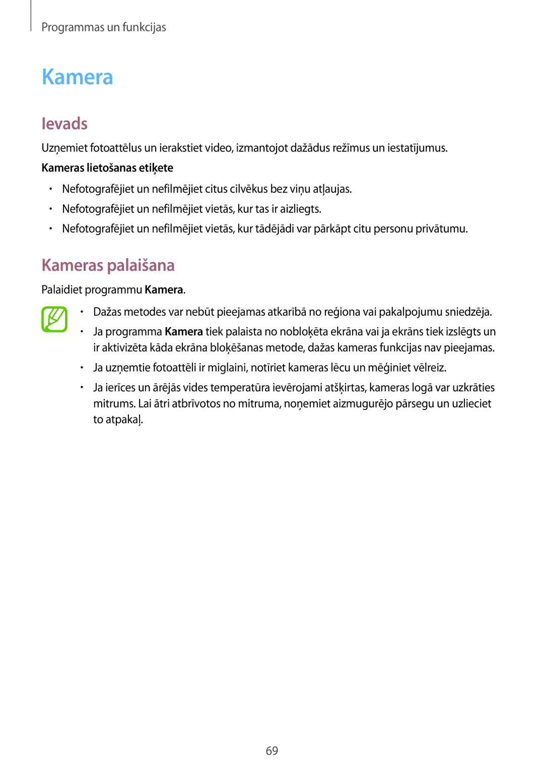 Samsung SM-T395NZKASEB manual Kameras palaišana, Kameras lietošanas etiķete, Palaidiet programmu Kamera 