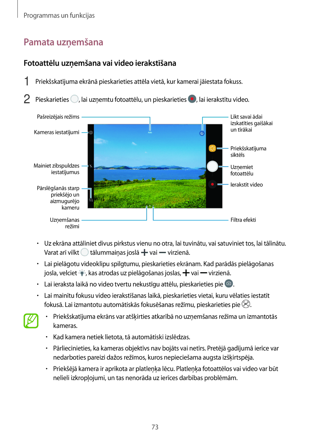 Samsung SM-T395NZKASEB manual Pamata uzņemšana, Fotoattēlu uzņemšana vai video ierakstīšana 