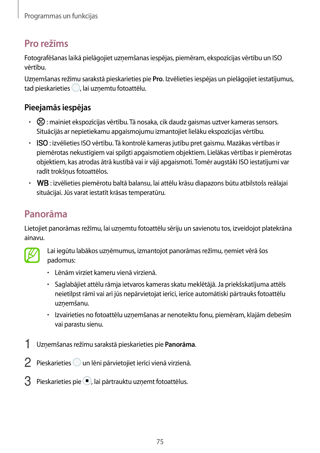 Samsung SM-T395NZKASEB manual Pro režīms, Panorāma, Pieejamās iespējas 