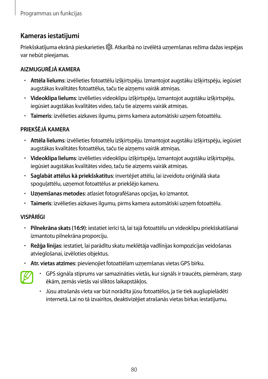 Samsung SM-T395NZKASEB manual Kameras iestatījumi, Aizmugurējā Kamera 