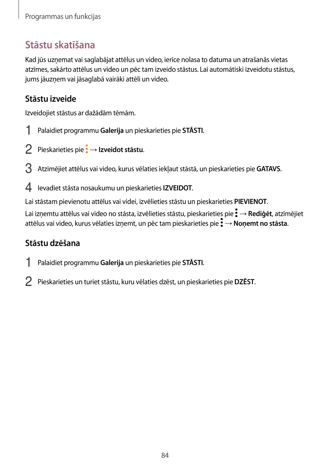 Samsung SM-T395NZKASEB manual Stāstu skatīšana, Stāstu izveide, Stāstu dzēšana 