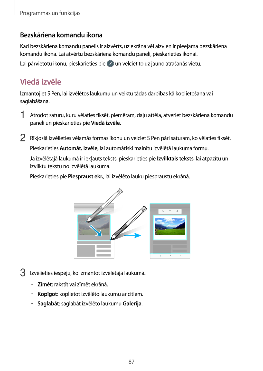 Samsung SM-T395NZKASEB manual Bezskāriena komandu ikona, Paneli un pieskarieties pie Viedā izvēle 