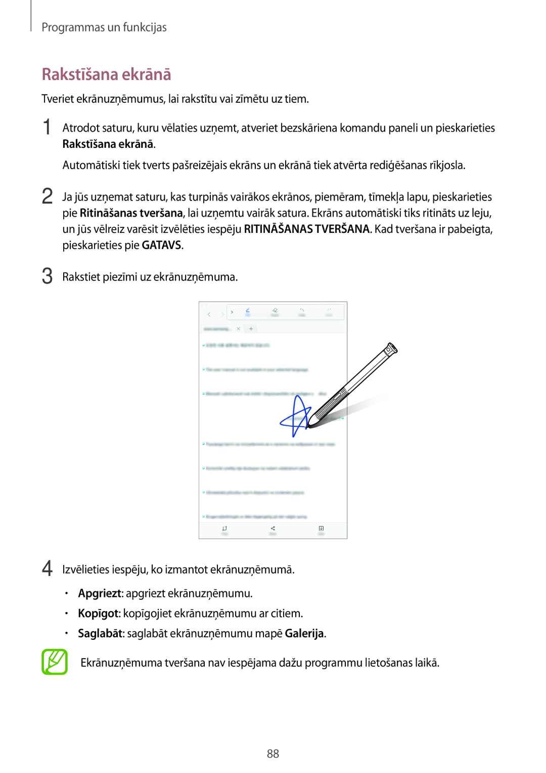 Samsung SM-T395NZKASEB manual Rakstīšana ekrānā, Tveriet ekrānuzņēmumus, lai rakstītu vai zīmētu uz tiem 