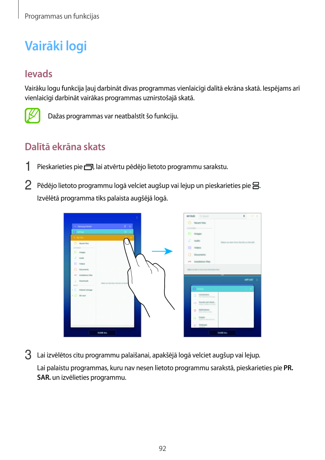 Samsung SM-T395NZKASEB manual Vairāki logi, Dalītā ekrāna skats 