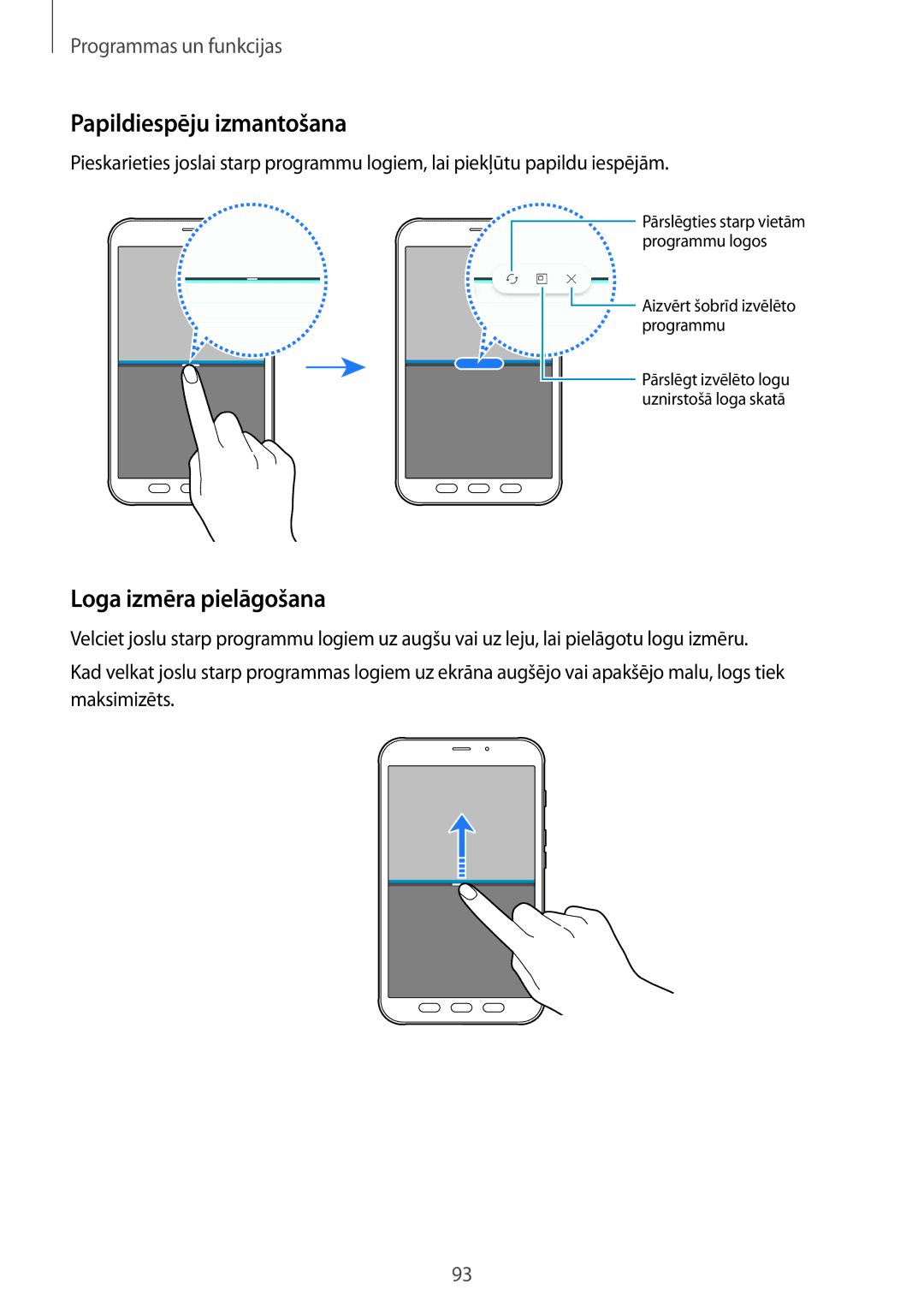 Samsung SM-T395NZKASEB manual Papildiespēju izmantošana, Loga izmēra pielāgošana 