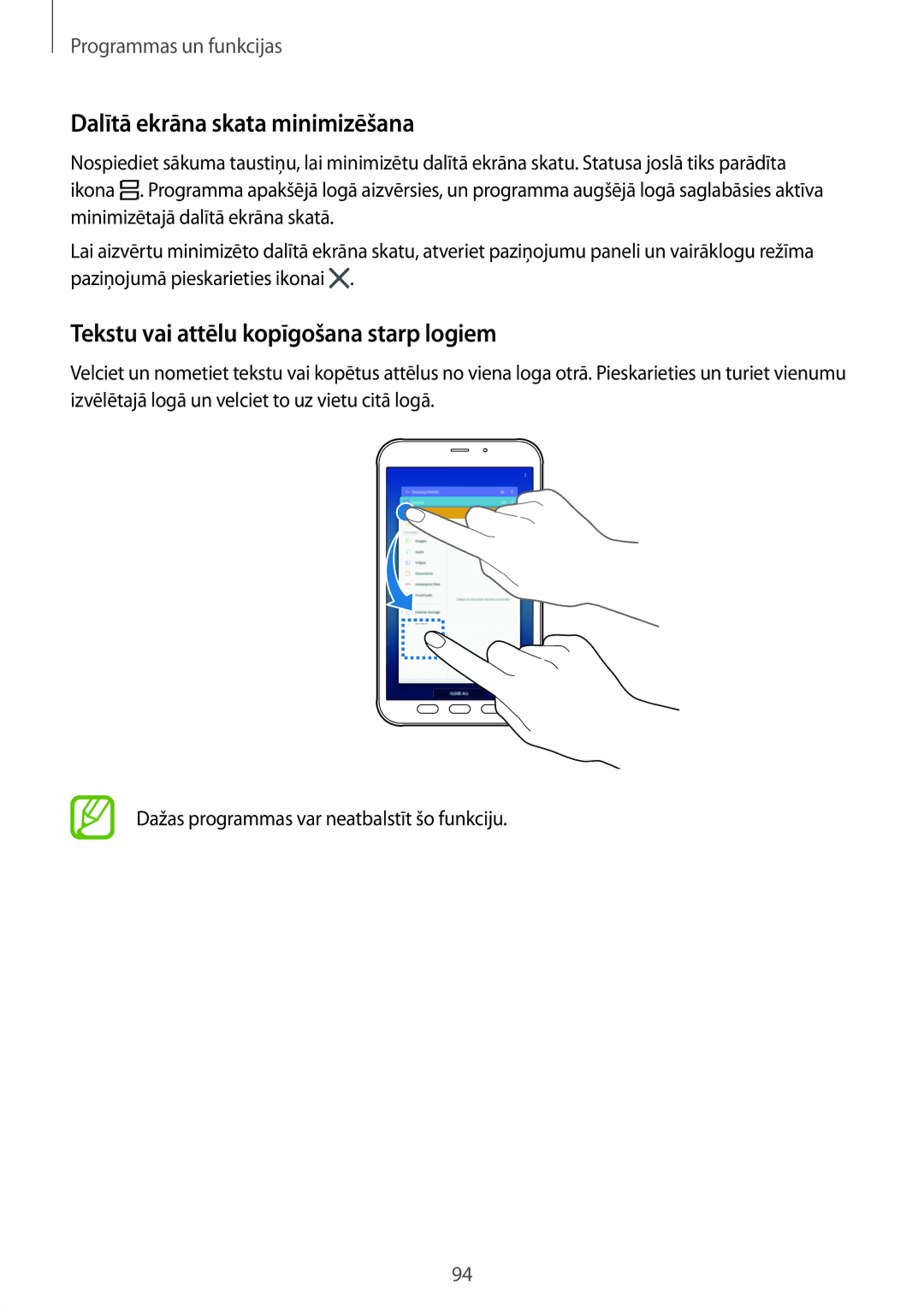 Samsung SM-T395NZKASEB manual Dalītā ekrāna skata minimizēšana, Tekstu vai attēlu kopīgošana starp logiem 