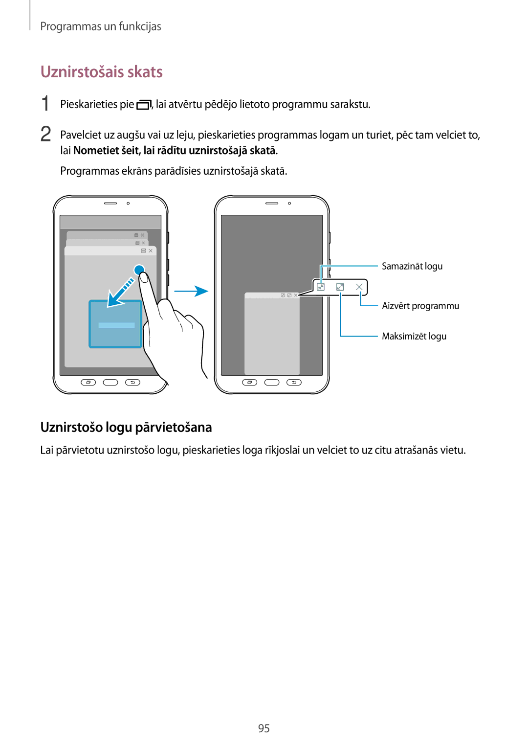 Samsung SM-T395NZKASEB Uznirstošais skats, Uznirstošo logu pārvietošana, Lai Nometiet šeit, lai rādītu uznirstošajā skatā 