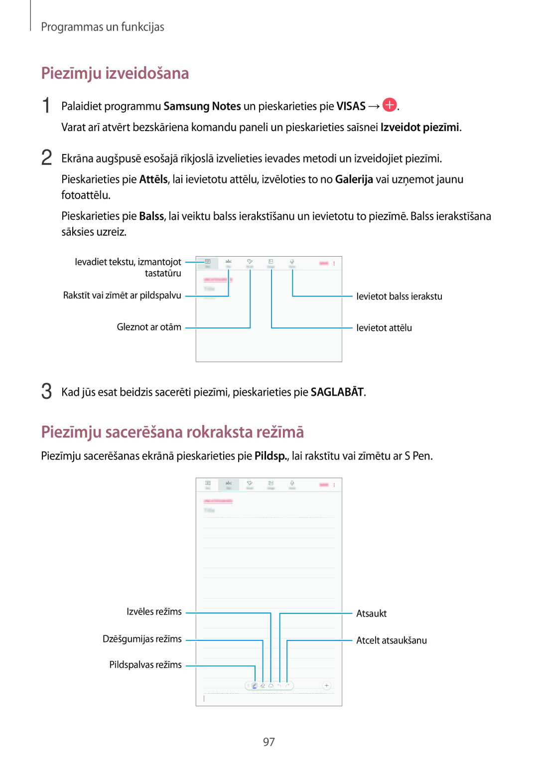 Samsung SM-T395NZKASEB manual Piezīmju izveidošana, Piezīmju sacerēšana rokraksta režīmā 