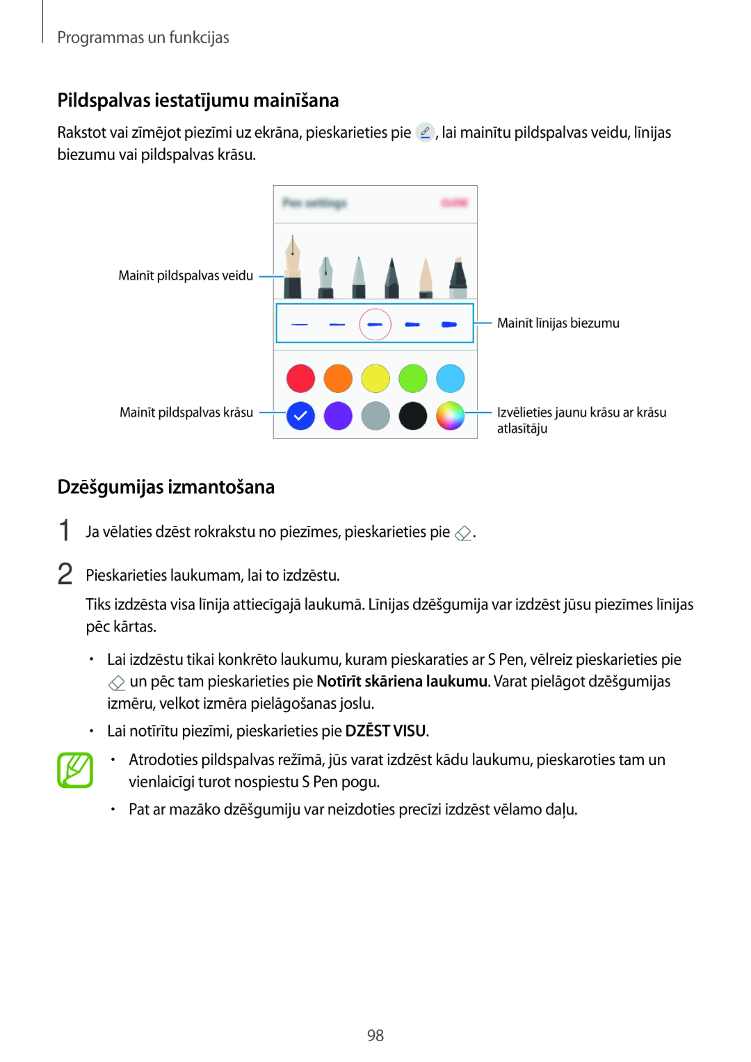 Samsung SM-T395NZKASEB manual Pildspalvas iestatījumu mainīšana, Dzēšgumijas izmantošana 