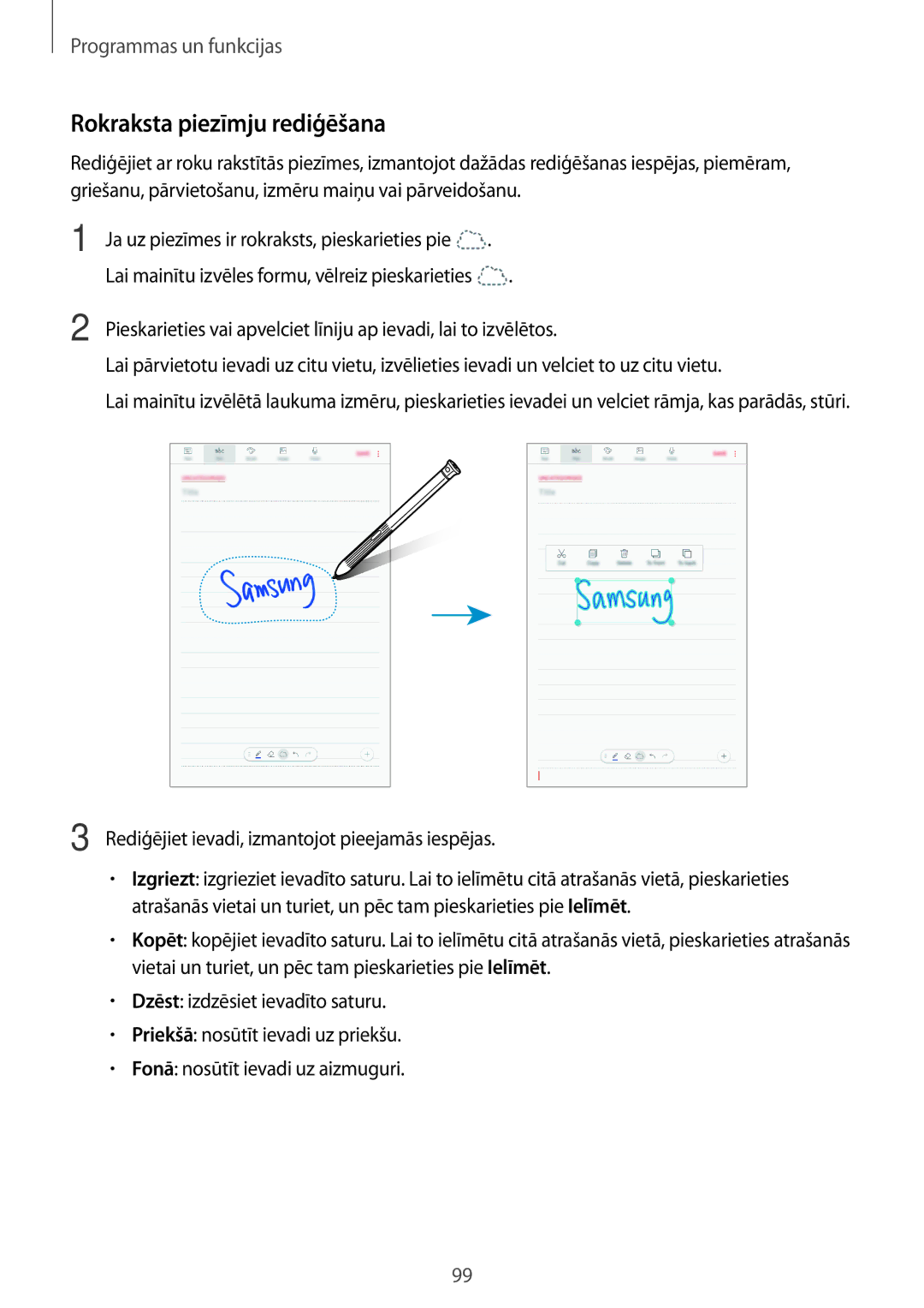 Samsung SM-T395NZKASEB manual Rokraksta piezīmju rediģēšana, Rediģējiet ievadi, izmantojot pieejamās iespējas 