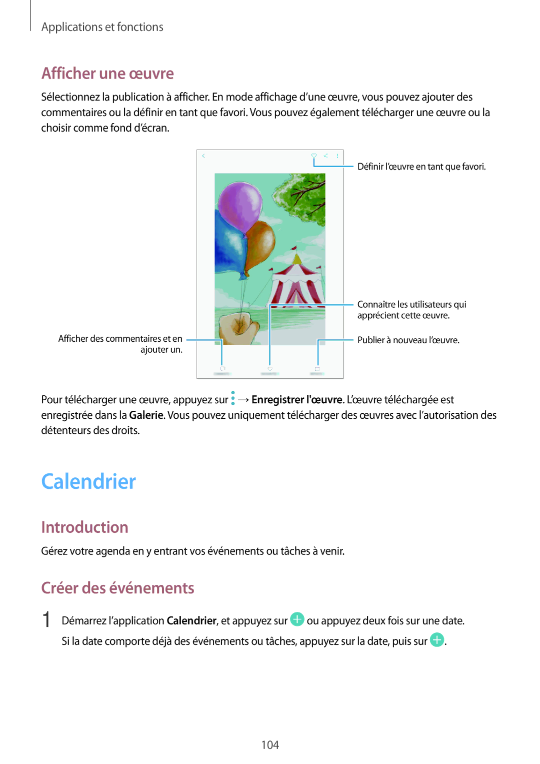 Samsung SM-T395NZKAXEF manual Calendrier, Afficher une œuvre, Créer des événements 