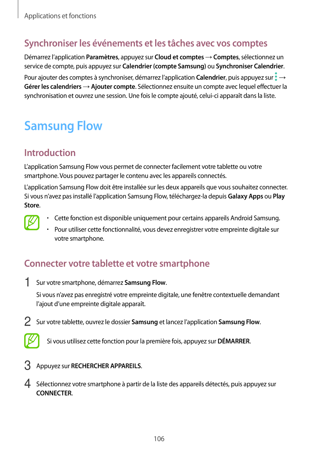 Samsung SM-T395NZKAXEF manual Samsung Flow, Synchroniser les événements et les tâches avec vos comptes 