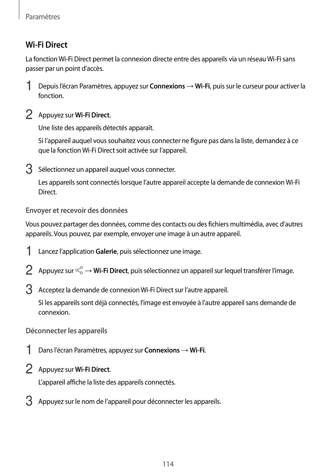 Samsung SM-T395NZKAXEF manual Wi-Fi Direct, Envoyer et recevoir des données, Déconnecter les appareils 