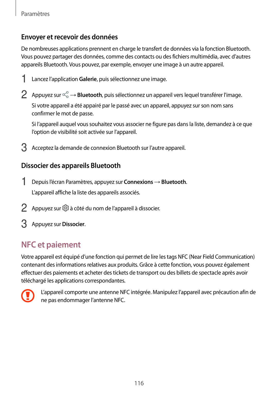 Samsung SM-T395NZKAXEF manual NFC et paiement, Envoyer et recevoir des données, Dissocier des appareils Bluetooth 