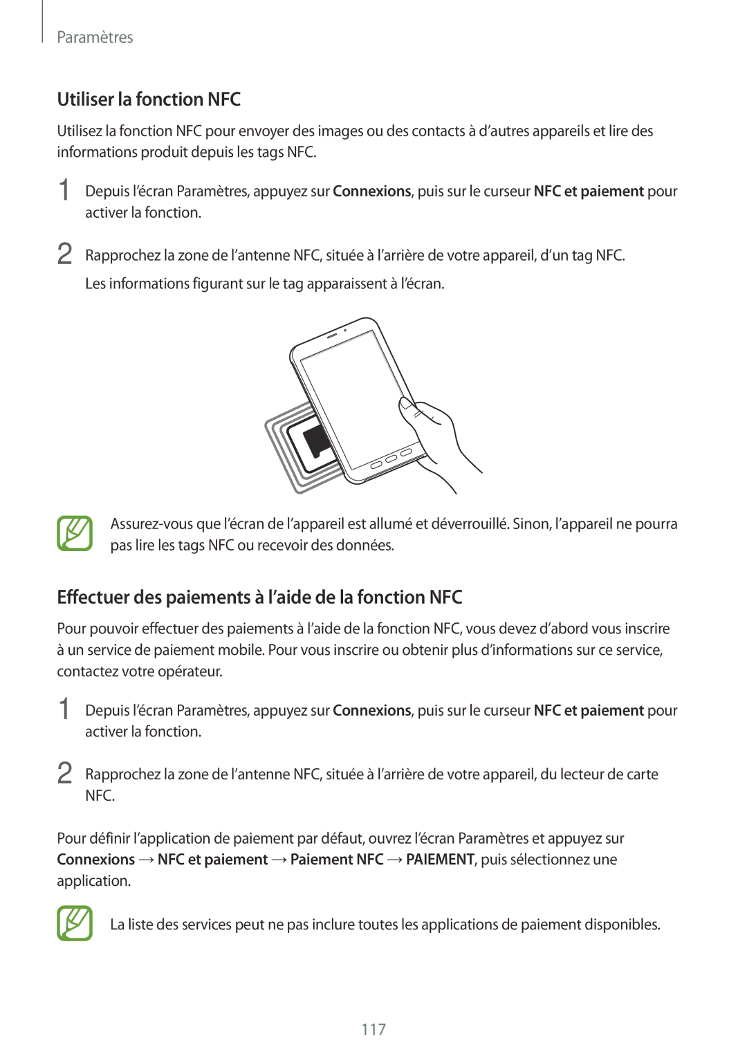 Samsung SM-T395NZKAXEF manual Utiliser la fonction NFC, Effectuer des paiements à l’aide de la fonction NFC 