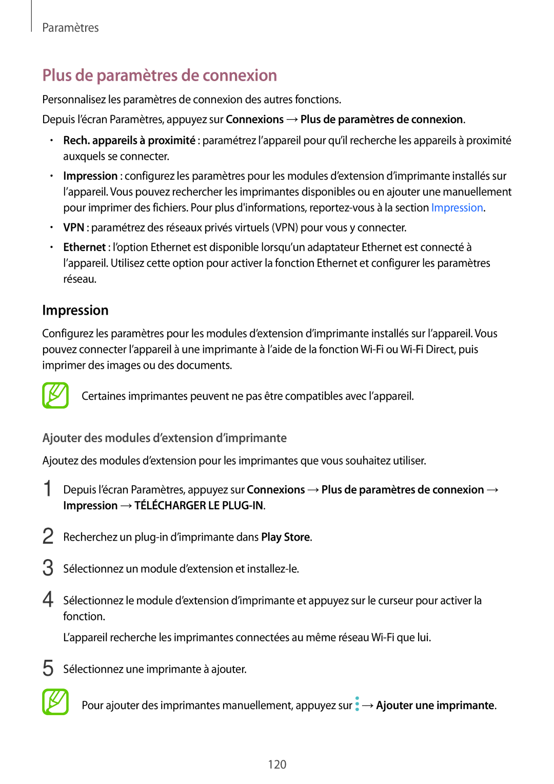 Samsung SM-T395NZKAXEF manual Plus de paramètres de connexion, Impression, Ajouter des modules d’extension d’imprimante 