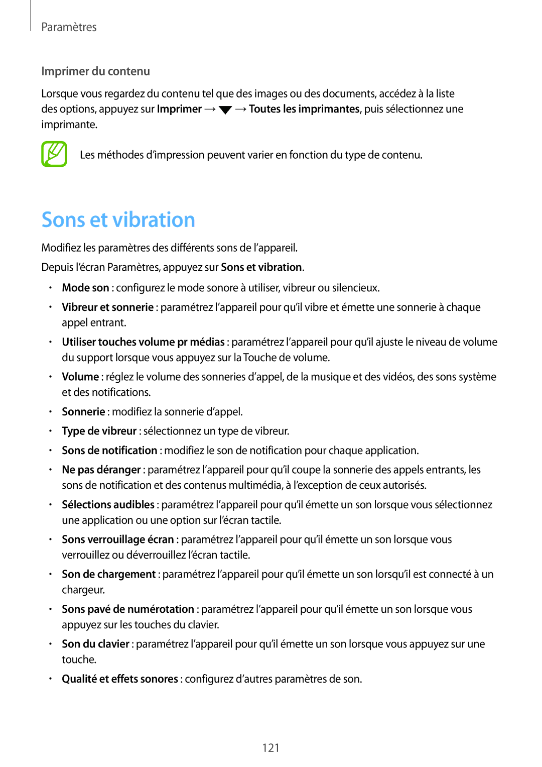 Samsung SM-T395NZKAXEF manual Sons et vibration, Imprimer du contenu 