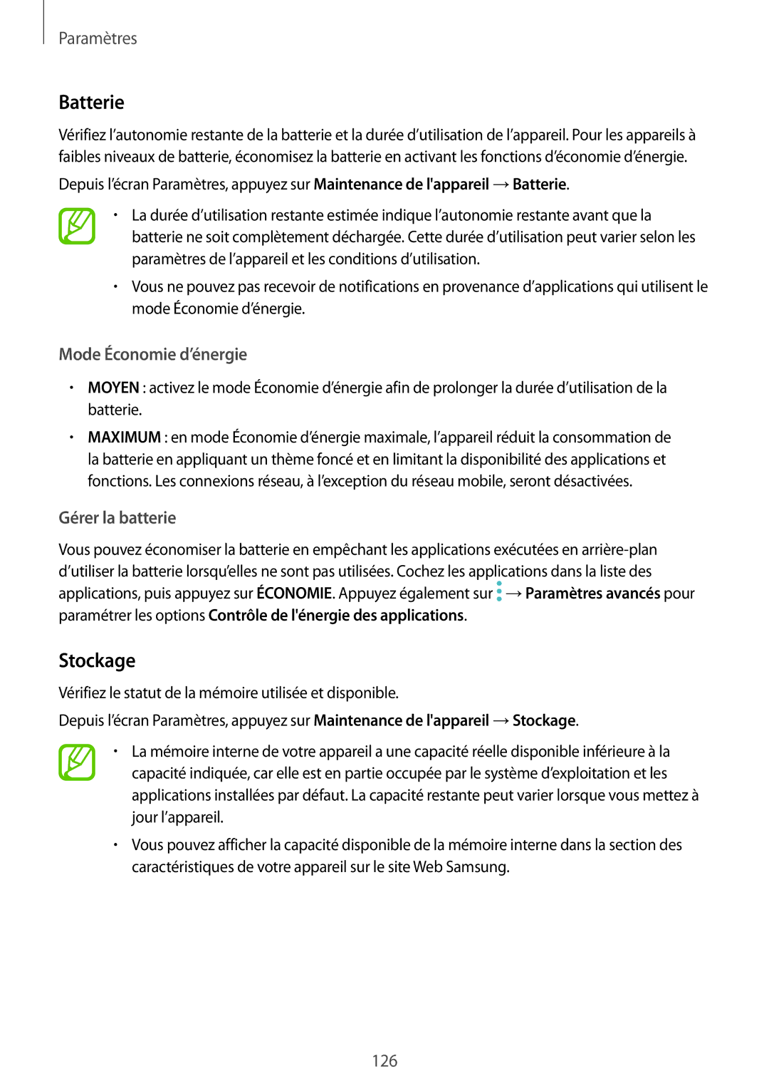 Samsung SM-T395NZKAXEF manual Batterie, Stockage, Mode Économie d’énergie, Gérer la batterie 