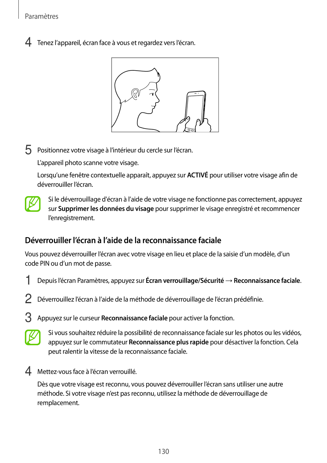 Samsung SM-T395NZKAXEF manual Déverrouiller l’écran à l’aide de la reconnaissance faciale 