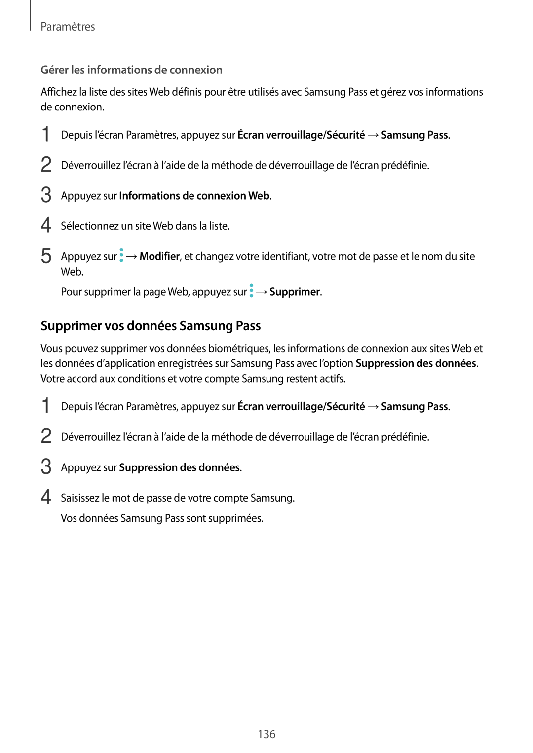 Samsung SM-T395NZKAXEF manual Supprimer vos données Samsung Pass, Gérer les informations de connexion 