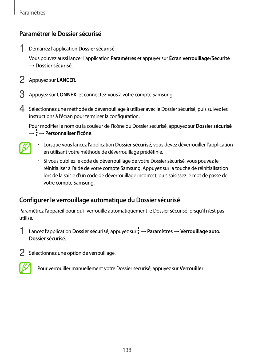 Samsung SM-T395NZKAXEF manual Paramétrer le Dossier sécurisé, Configurer le verrouillage automatique du Dossier sécurisé 