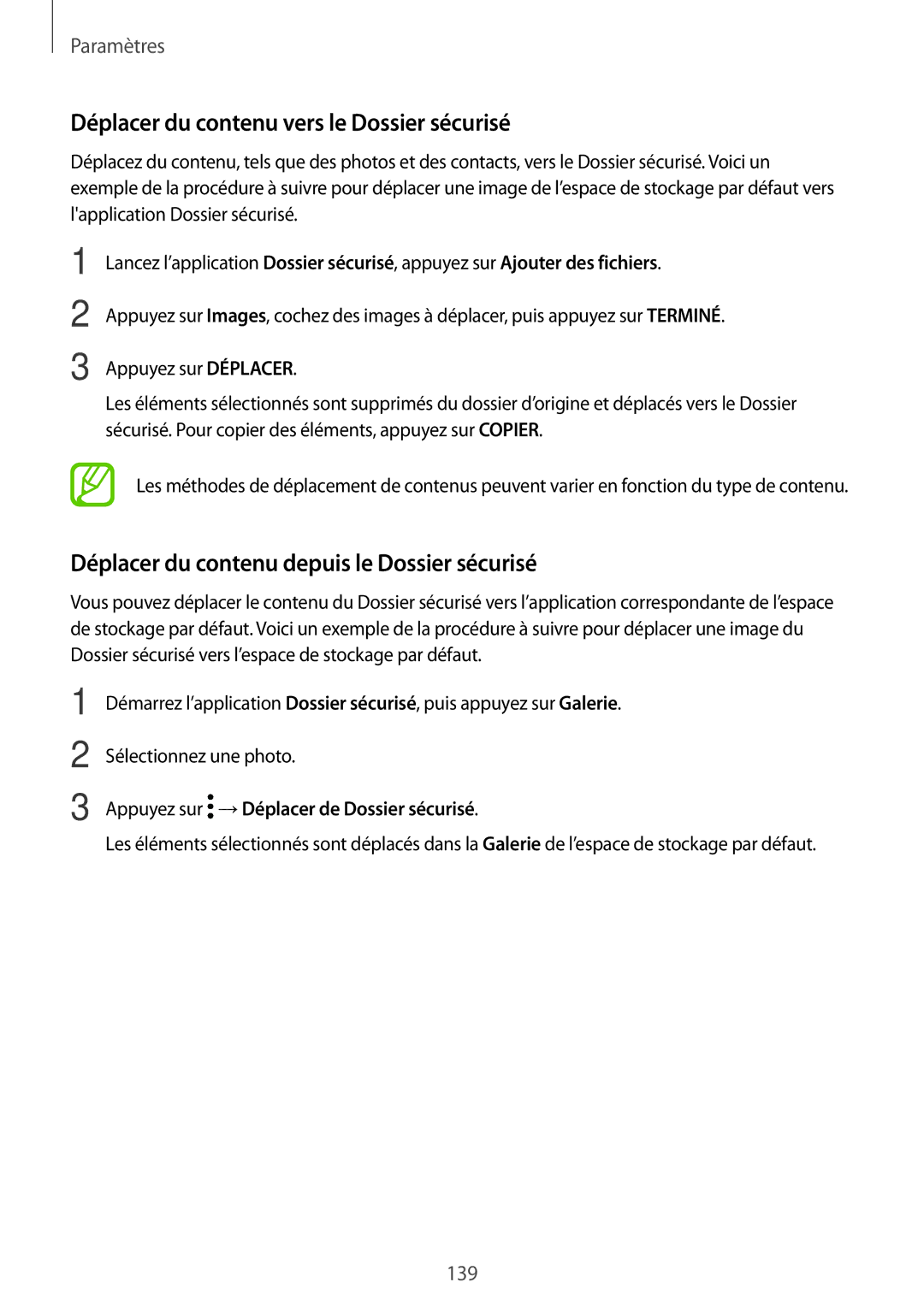 Samsung SM-T395NZKAXEF manual Déplacer du contenu vers le Dossier sécurisé, Déplacer du contenu depuis le Dossier sécurisé 