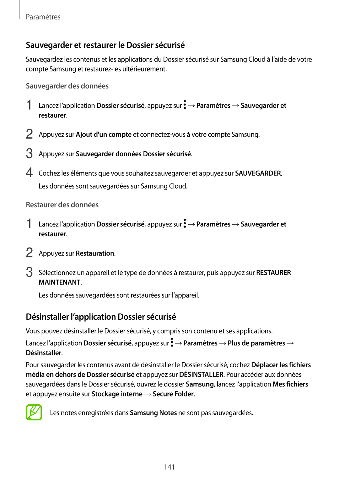 Samsung SM-T395NZKAXEF manual Sauvegarder et restaurer le Dossier sécurisé, Désinstaller l’application Dossier sécurisé 