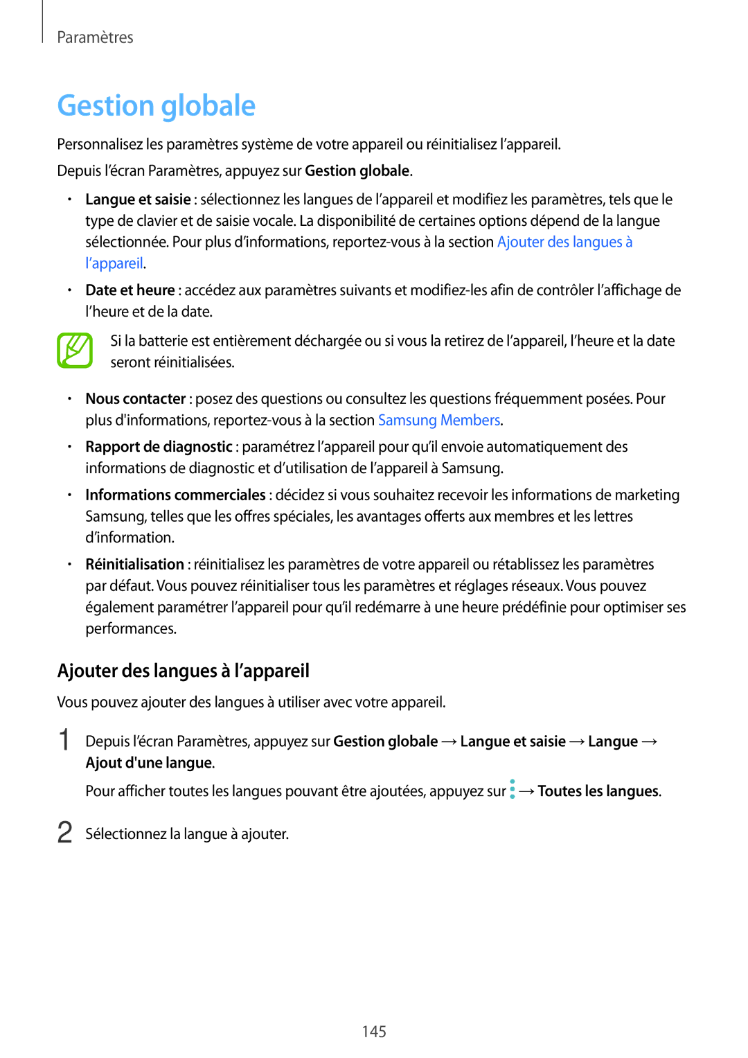 Samsung SM-T395NZKAXEF manual Gestion globale, Ajouter des langues à l’appareil 