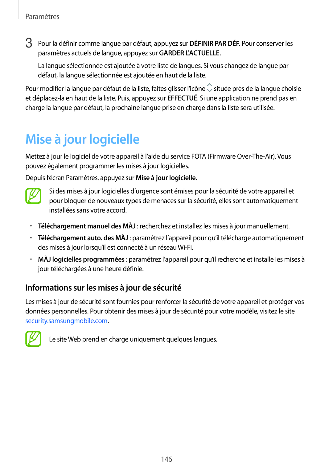 Samsung SM-T395NZKAXEF manual Mise à jour logicielle, Informations sur les mises à jour de sécurité 