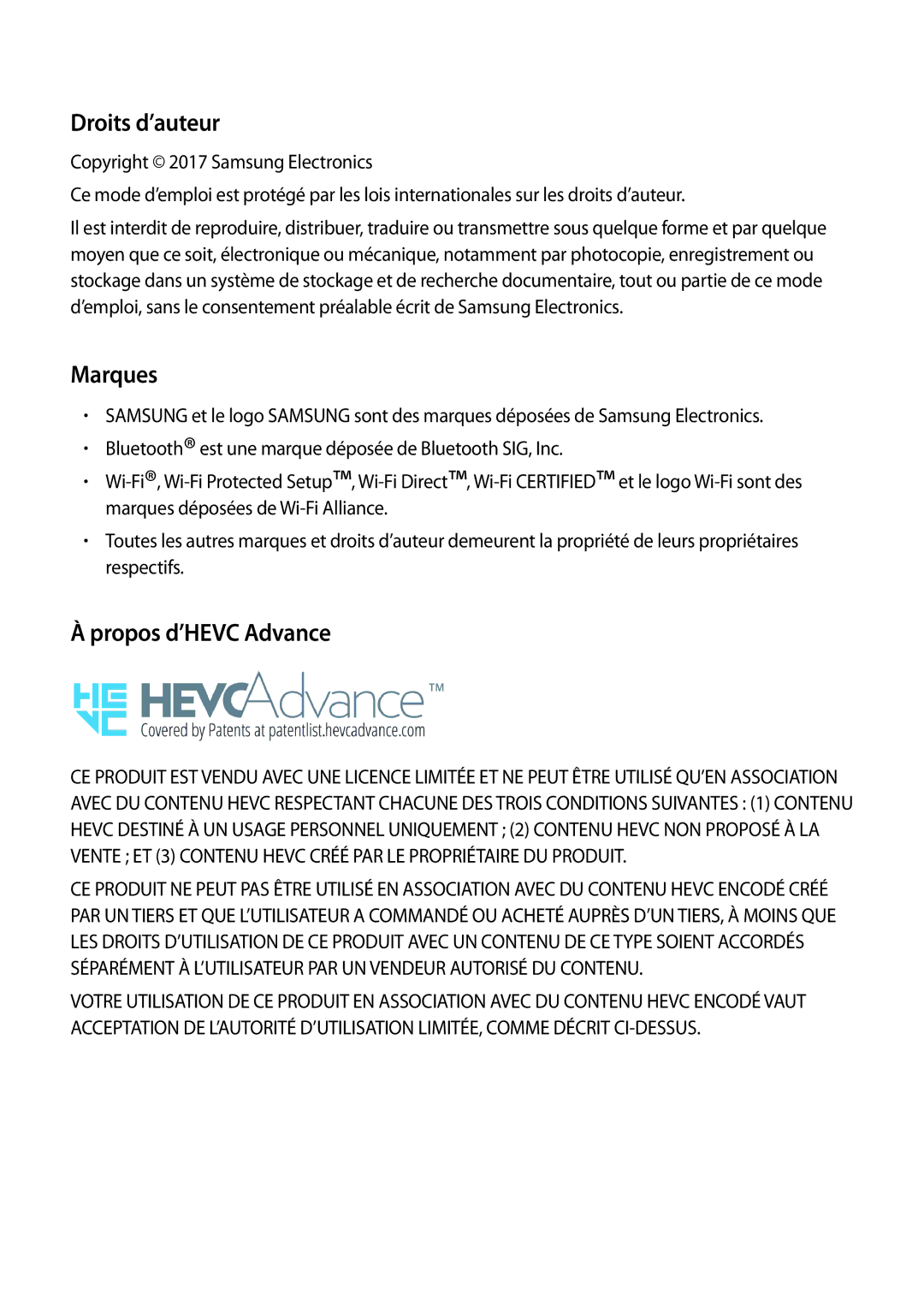 Samsung SM-T395NZKAXEF manual Droits d’auteur, Marques, Propos d’HEVC Advance 