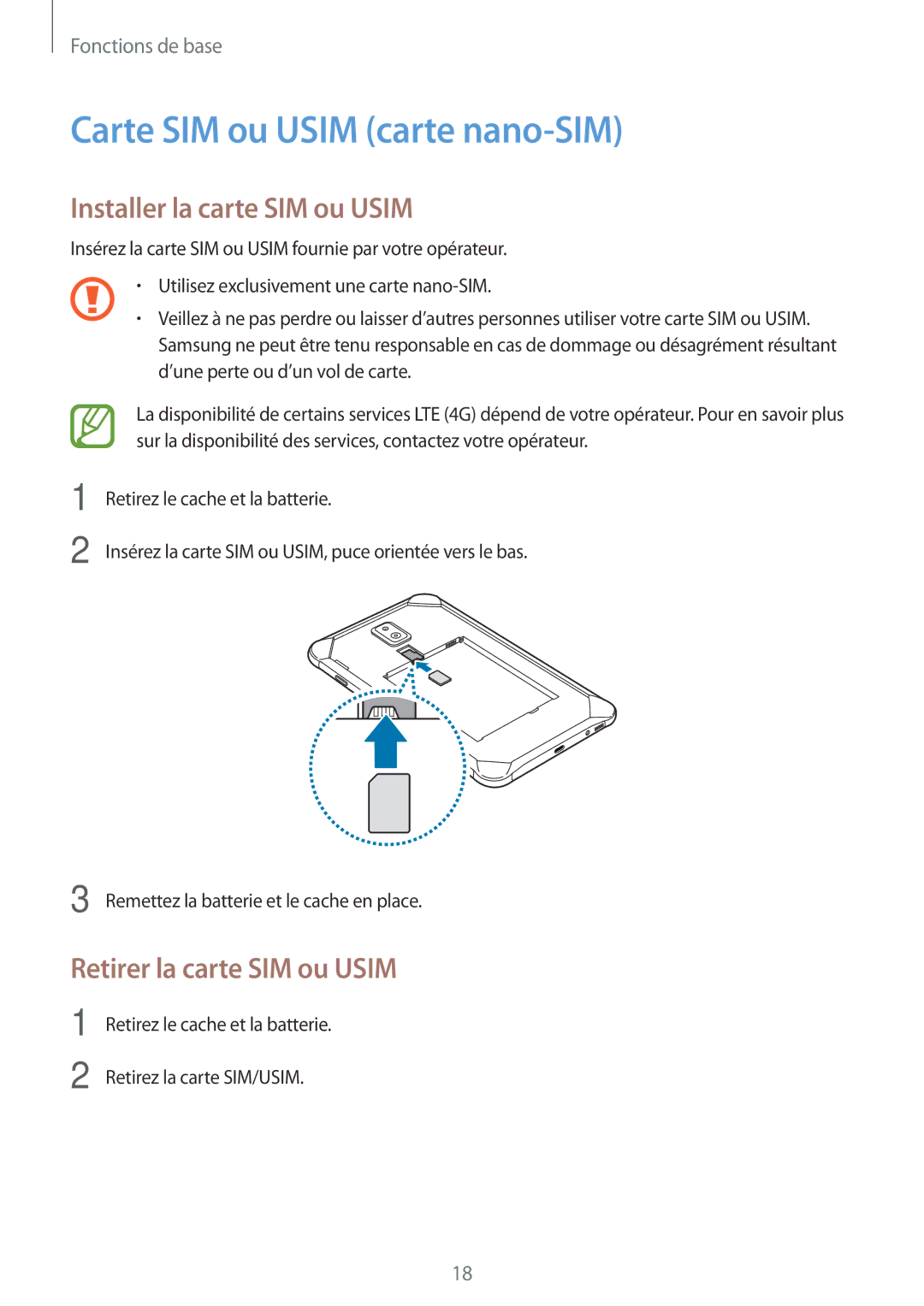 Samsung SM-T395NZKAXEF Carte SIM ou Usim carte nano-SIM, Installer la carte SIM ou Usim, Retirer la carte SIM ou Usim 