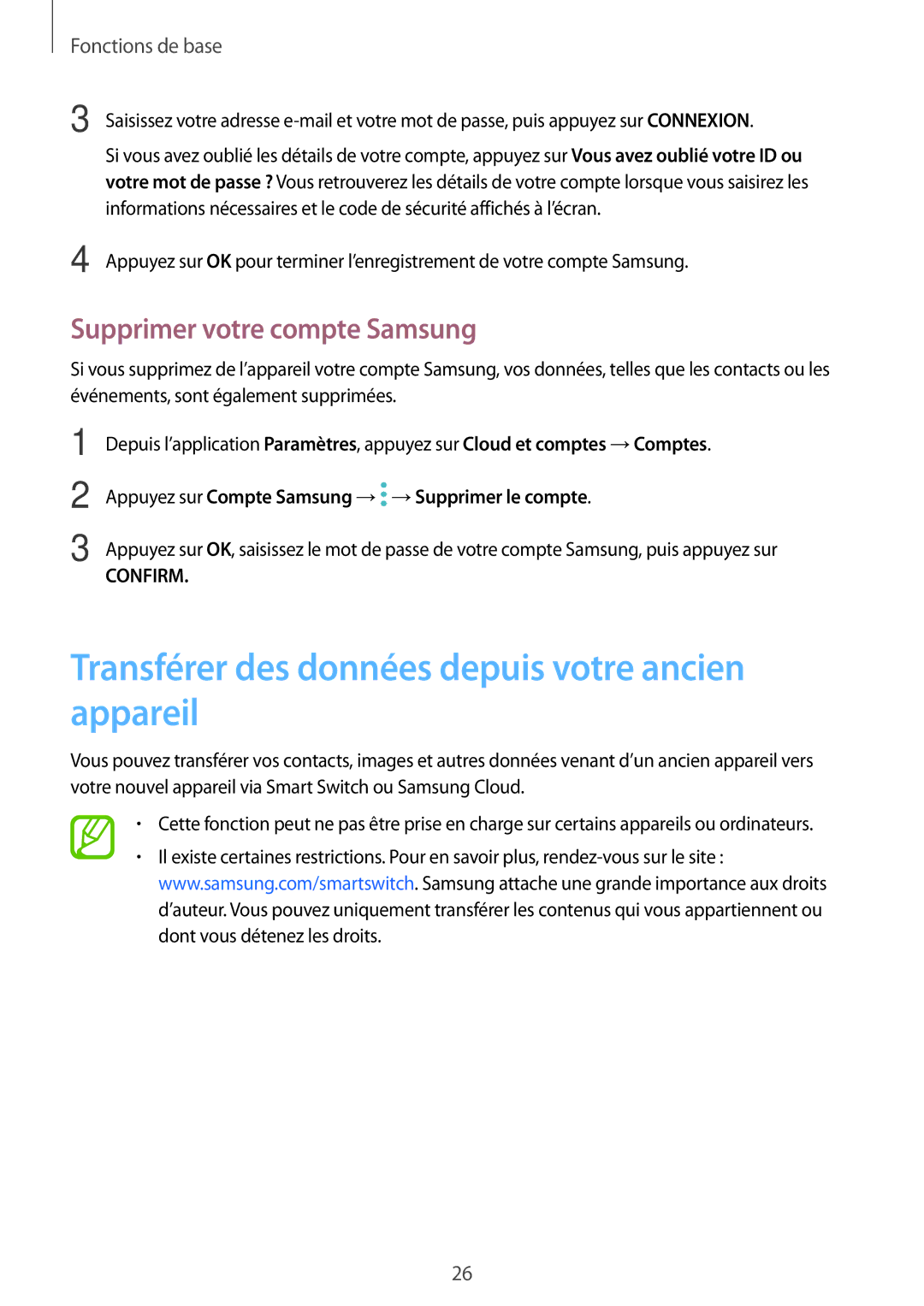 Samsung SM-T395NZKAXEF manual Transférer des données depuis votre ancien appareil, Supprimer votre compte Samsung 