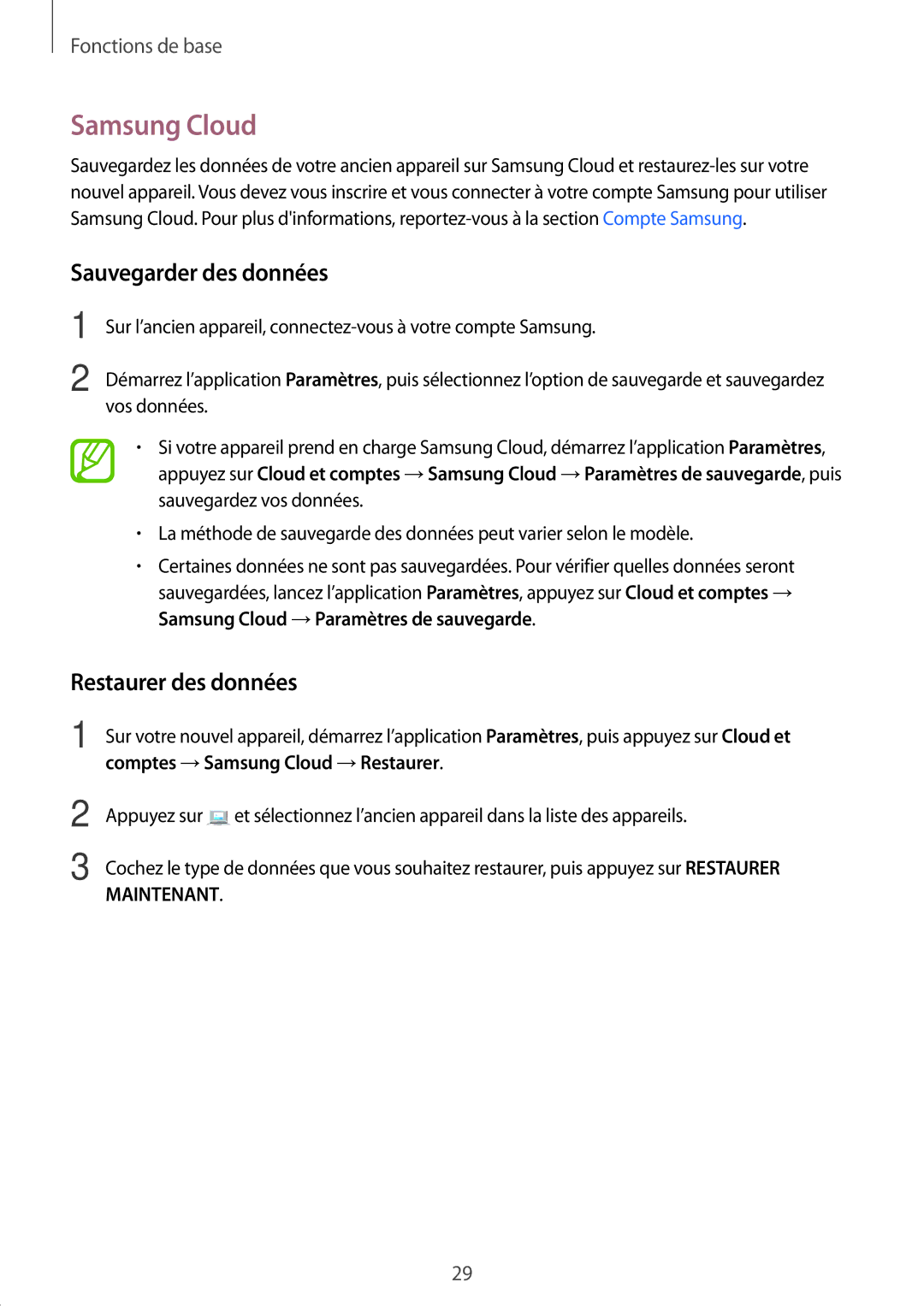 Samsung SM-T395NZKAXEF manual Samsung Cloud, Sauvegarder des données, Restaurer des données 